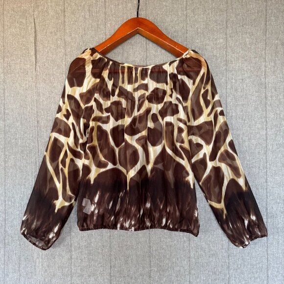 90s Vintage Karen Kane 100% Silk Brown Giraffe Print Ballon Sleeve Blouse Size M - Picture 8 of 12